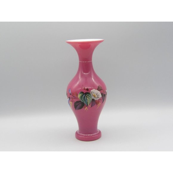 Vintage Hand Blown Cased Glass Vase Pink Hand Painted Enamel Flowers 8 3/4" H - Picture 4 of 9